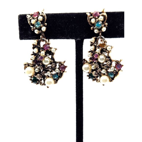 Hollycraft 50s multi color rhinestone faux pearl earrings screw backs unsigned - Picture 5 of 6